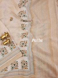 Linen Tissue with Embroidery Work - Tussar Shade with Mustard with Peacock Green