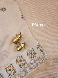 Linen Tissue with Embroidery Work - Tussar Shade with Mustard with Peacock Green