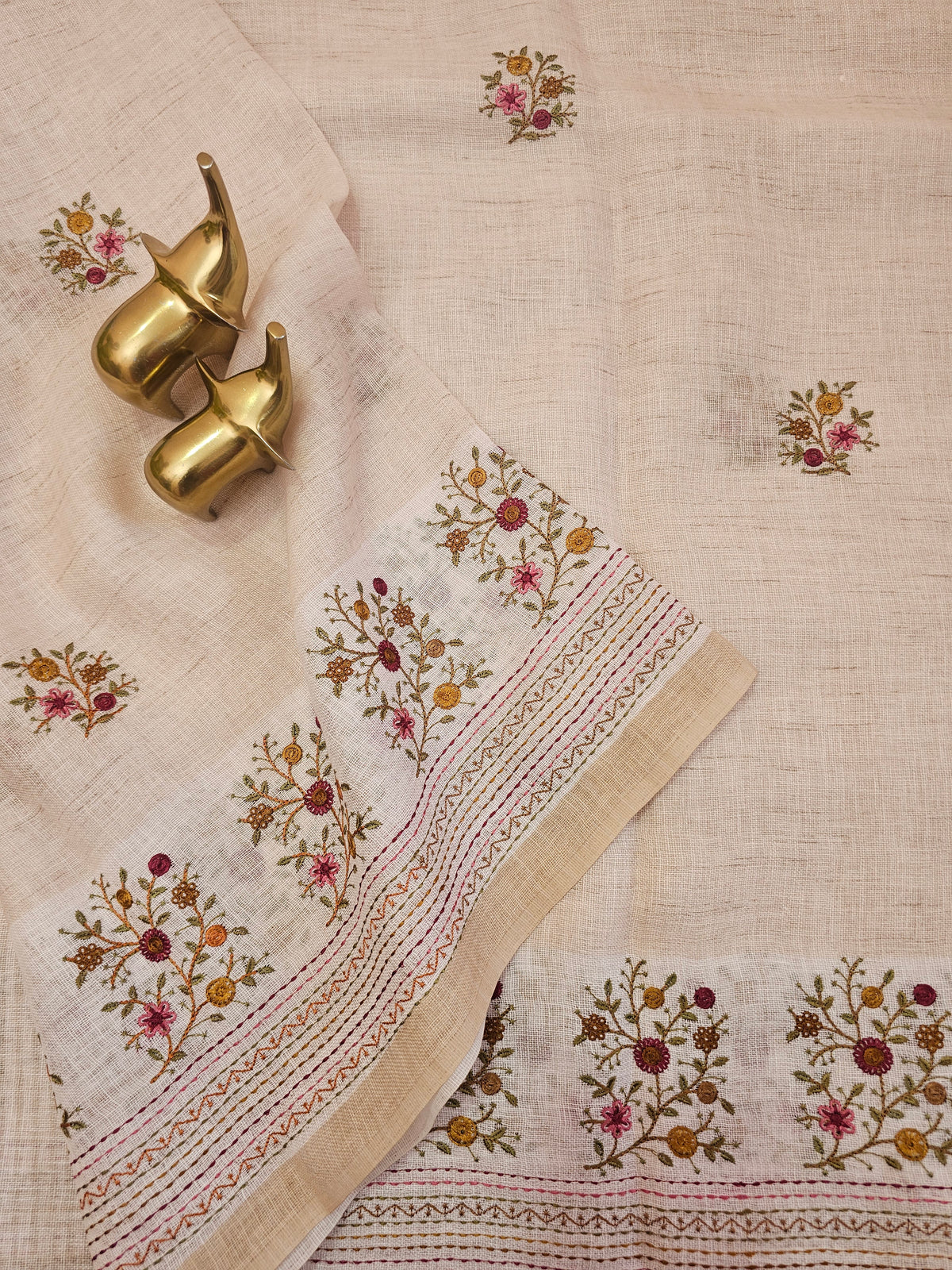 Linen Tissue with Embroidery Work - Tussar Shade with Pink with Mustard Yellow