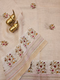 Linen Tissue with Embroidery Work - Tussar Shade with Pink with Mustard Yellow