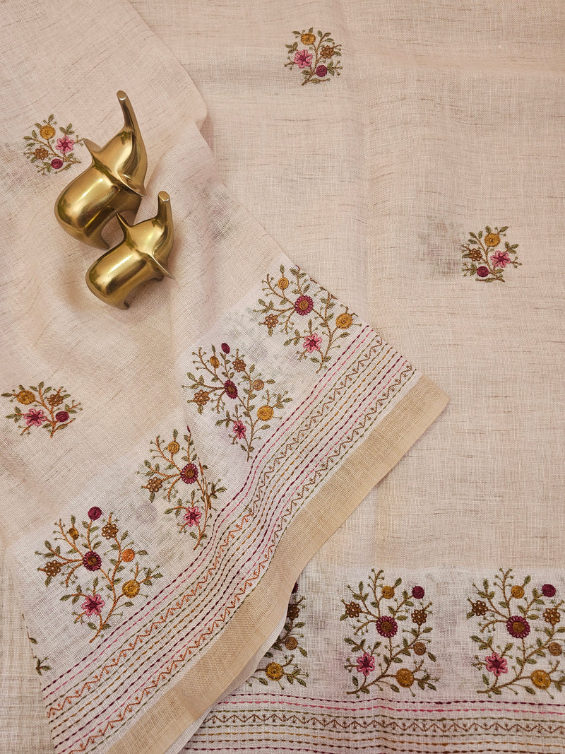Linen Tissue with Embroidery Work - Tussar Shade with Pink with Mustard Yellow