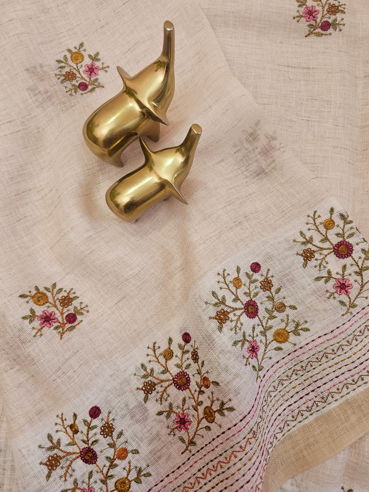 Linen Tissue with Embroidery Work - Tussar Shade with Pink with Mustard Yellow