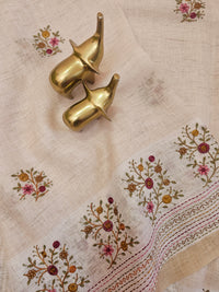 Linen Tissue with Embroidery Work - Tussar Shade with Pink with Mustard Yellow