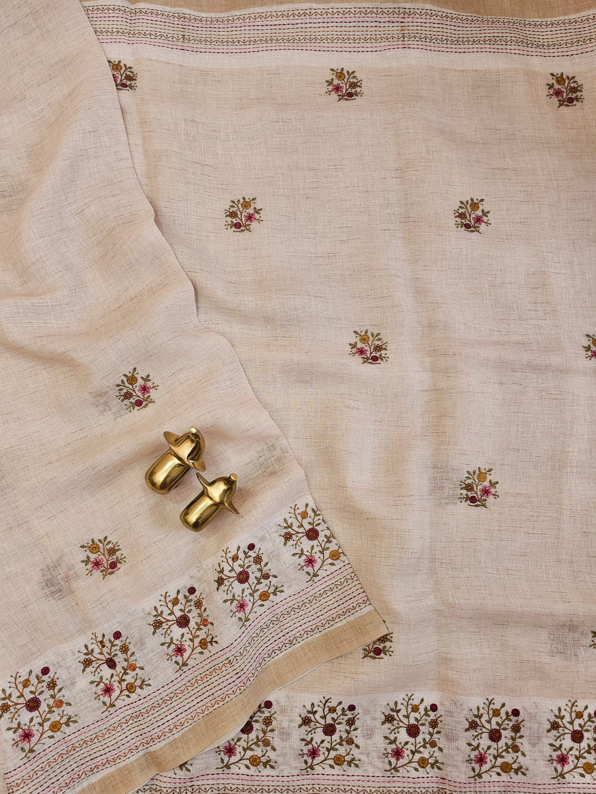 Linen Tissue with Embroidery Work - Tussar Shade with Pink with Mustard Yellow