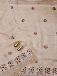 Linen Tissue with Embroidery Work - Tussar Shade with Pink with Mustard Yellow