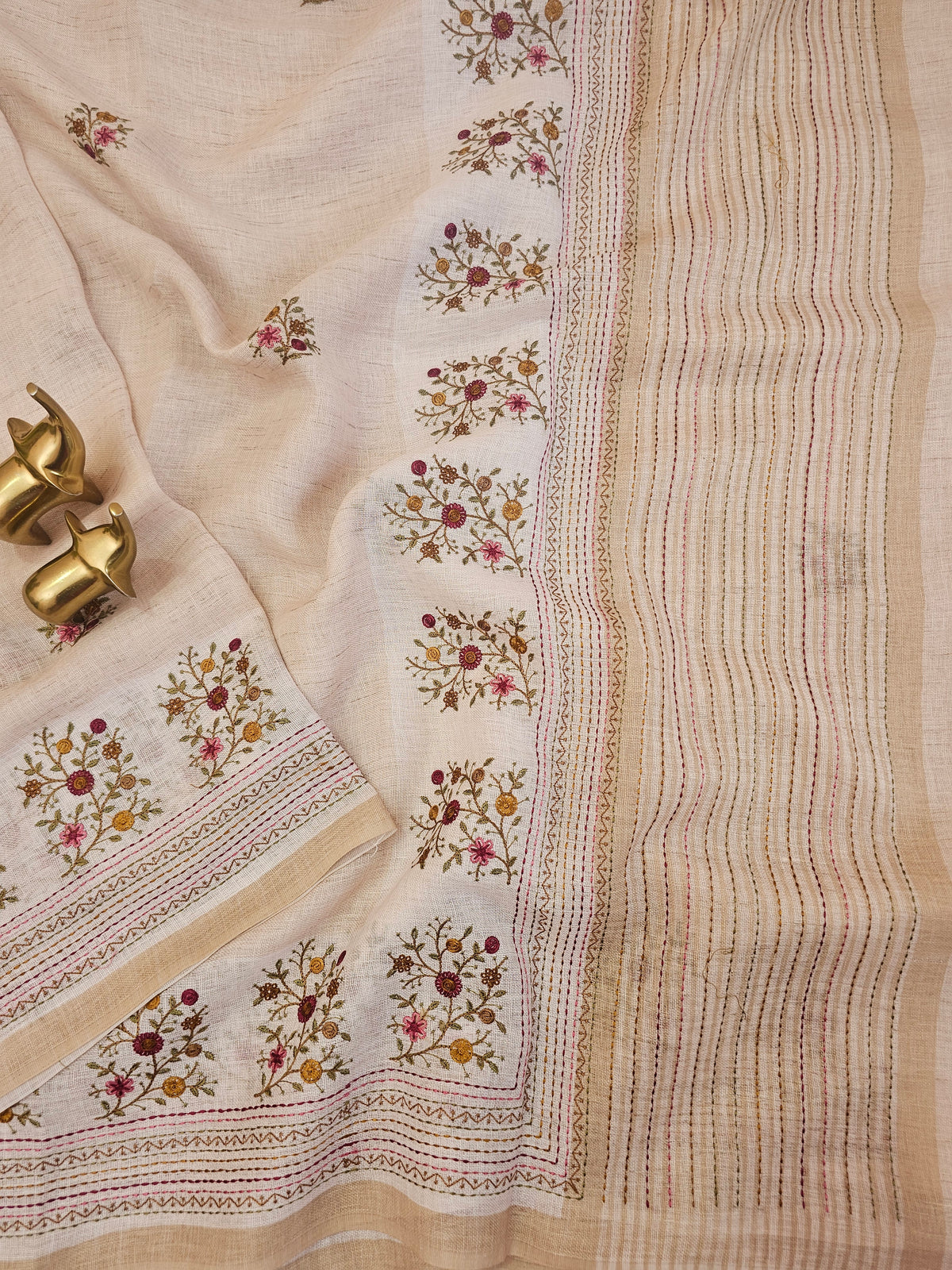 Linen Tissue with Embroidery Work - Tussar Shade with Pink with Mustard Yellow