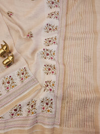 Linen Tissue with Embroidery Work - Tussar Shade with Pink with Mustard Yellow