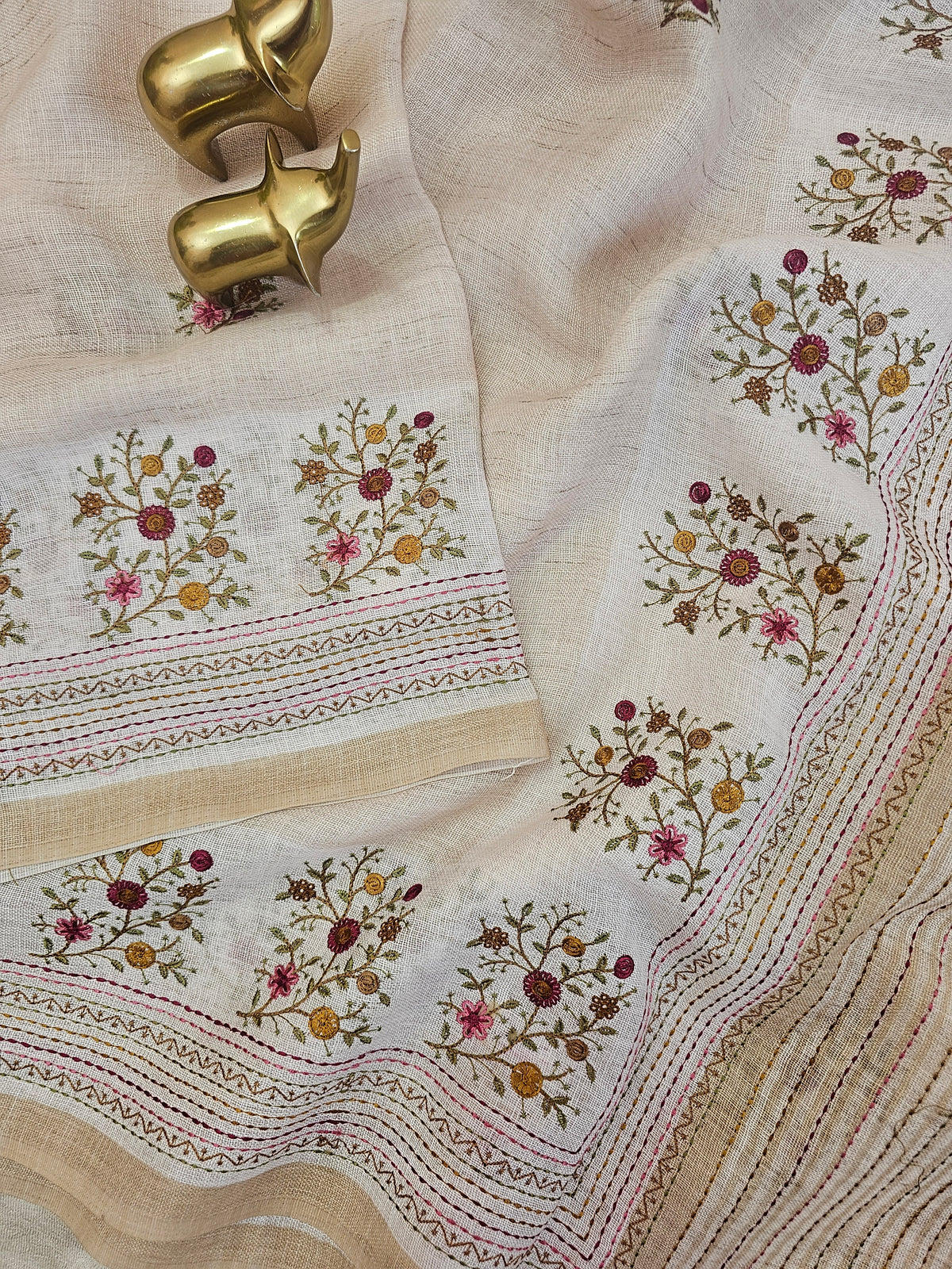 Linen Tissue with Embroidery Work - Tussar Shade with Pink with Mustard Yellow