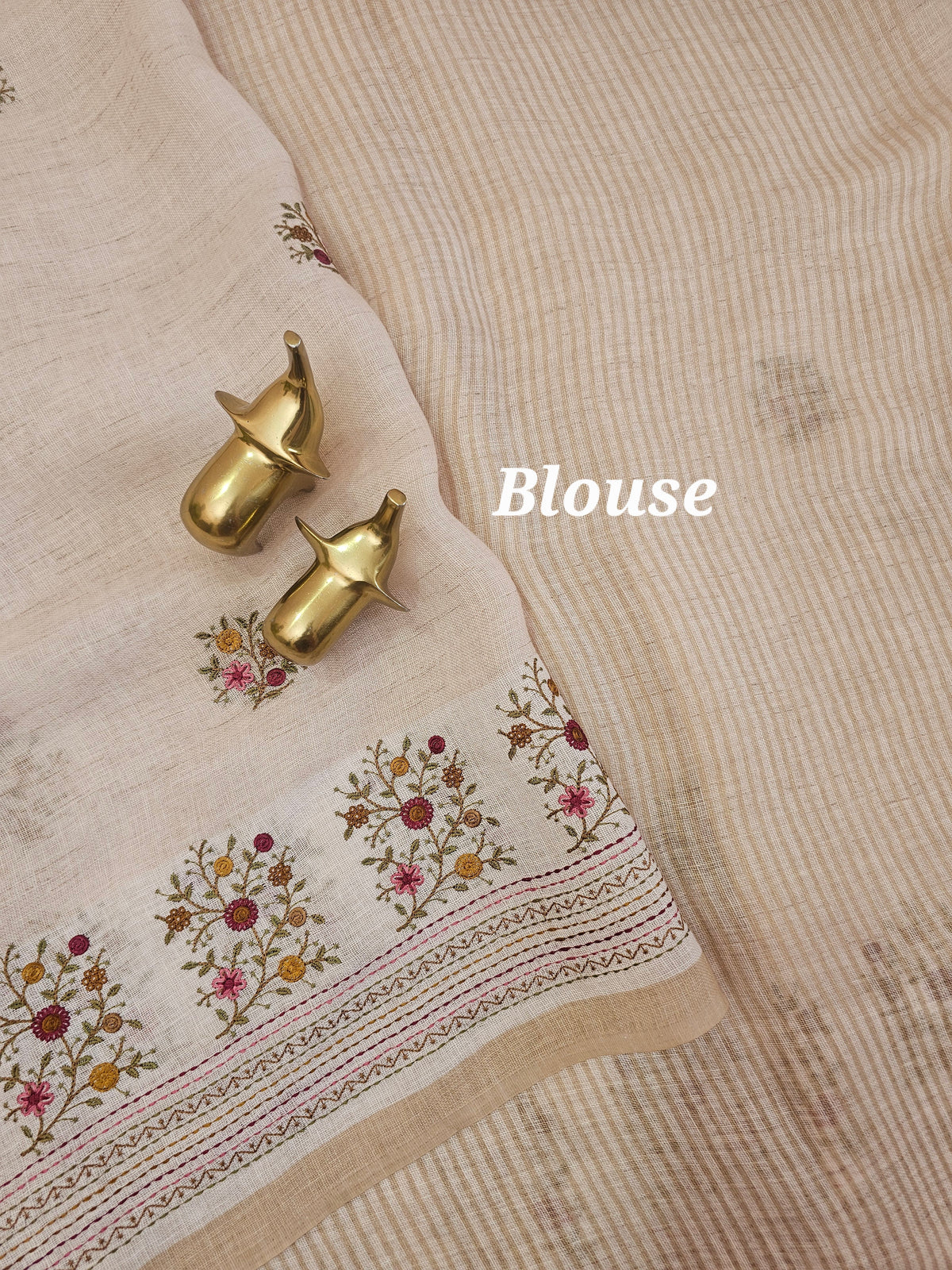 Linen Tissue with Embroidery Work - Tussar Shade with Pink with Mustard Yellow