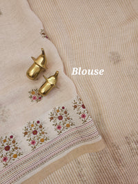 Linen Tissue with Embroidery Work - Tussar Shade with Pink with Mustard Yellow