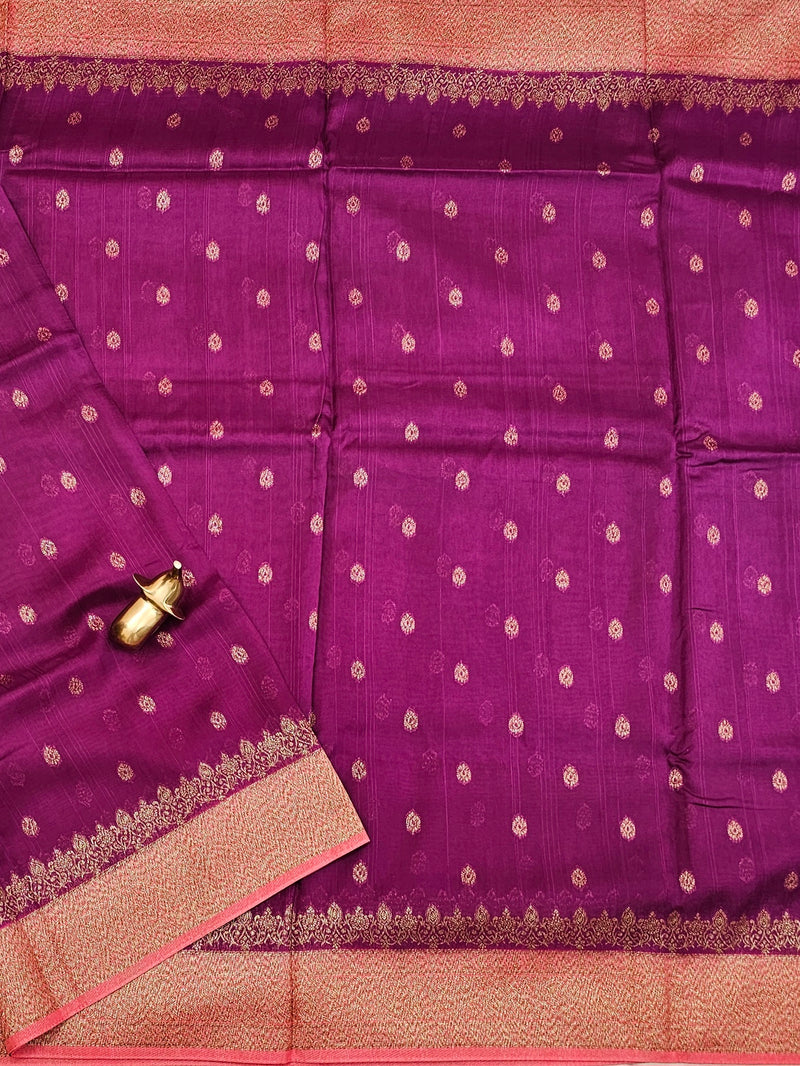 Jute Banarasi Silk Saree - Dark Magenta Pink with Peach