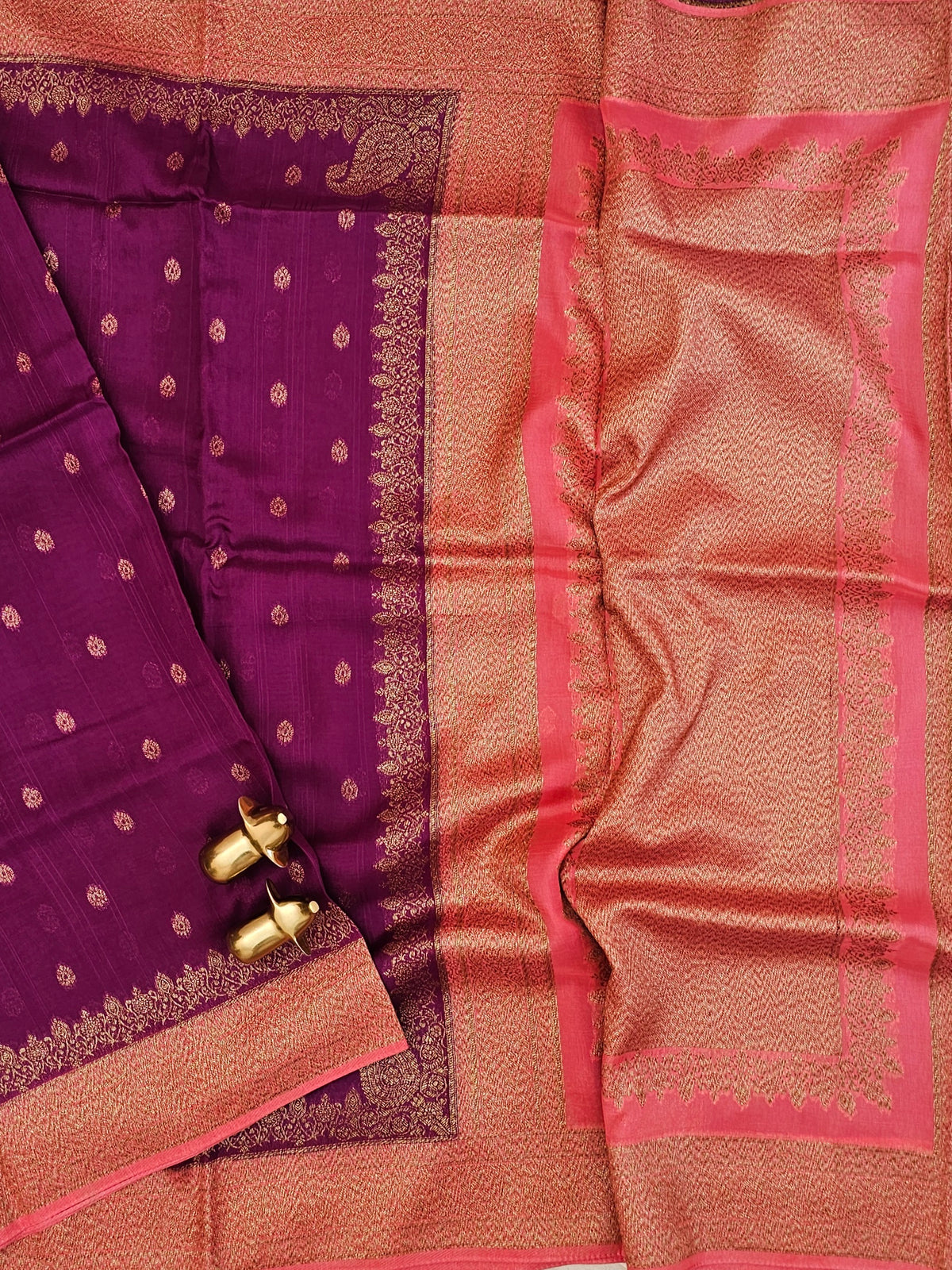 Jute Banarasi Silk Saree - Dark Magenta Pink with Peach