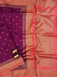 Jute Banarasi Silk Saree - Dark Magenta Pink with Peach