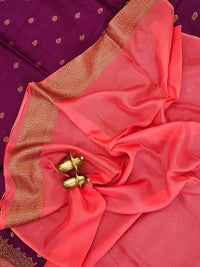 Jute Banarasi Silk Saree - Dark Magenta Pink with Peach