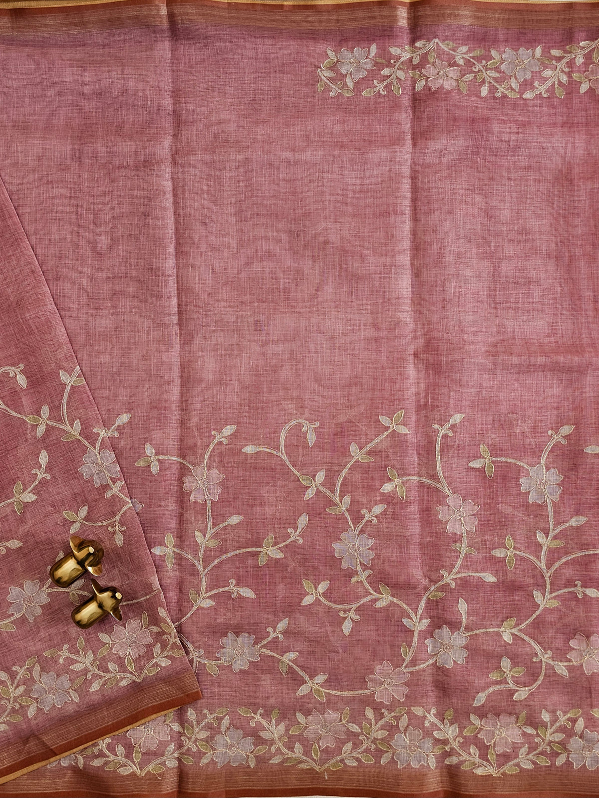 Linen Tissue with Aari Work - Rose Pink