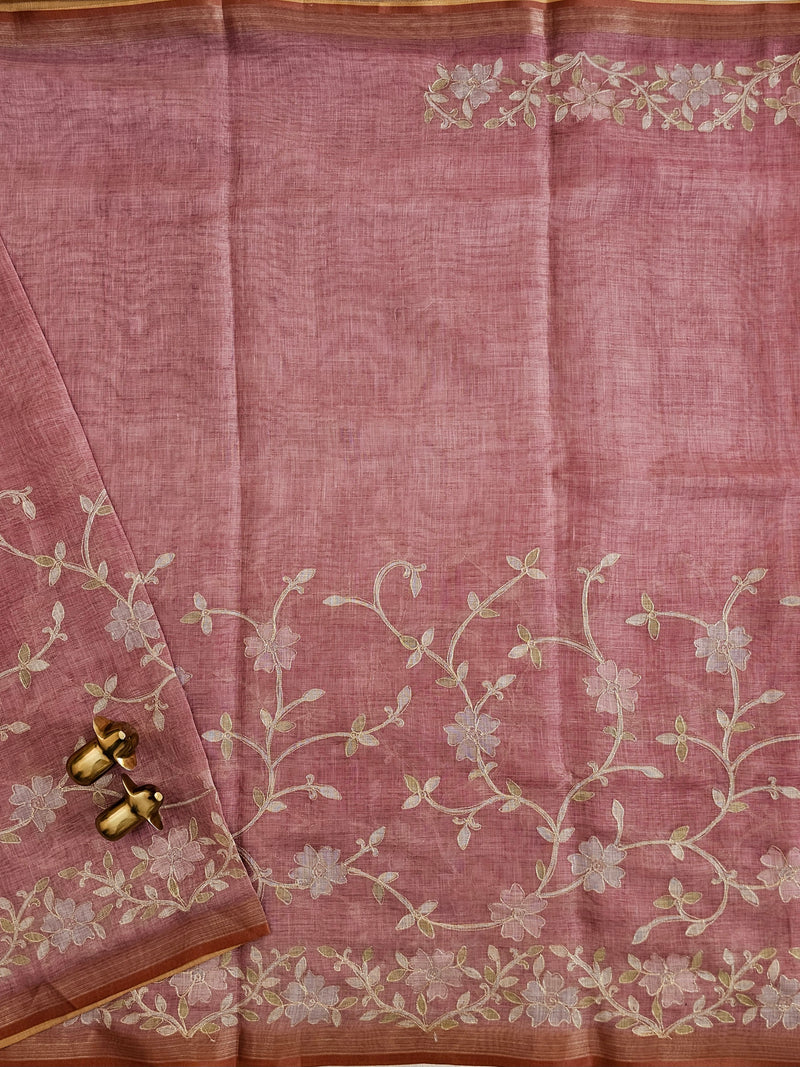 Linen Tissue with Aari Work - Rose Pink