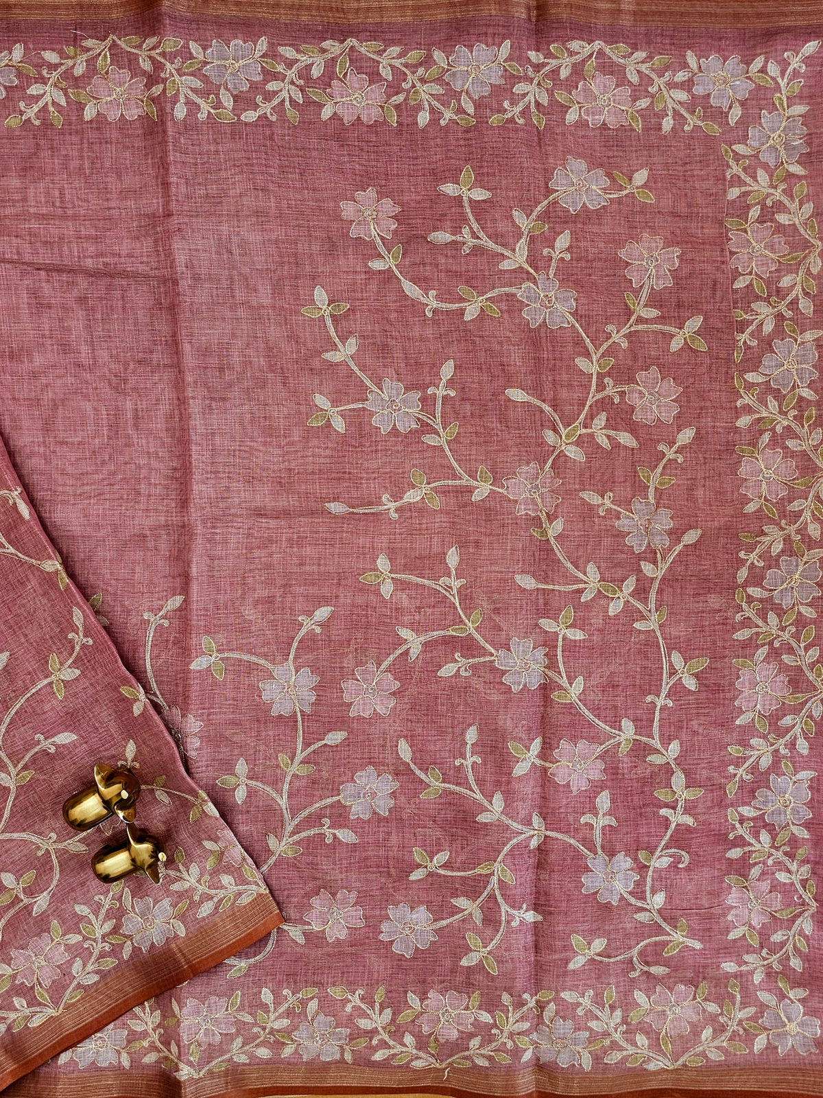 Linen Tissue with Aari Work - Rose Pink