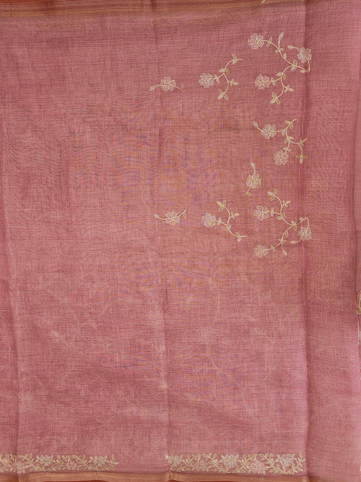 Linen Tissue with Aari Work - Rose Pink