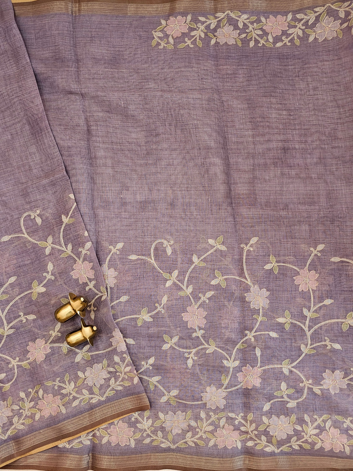 Linen Tissue with Aari Work - Smoky Blue- Lavender