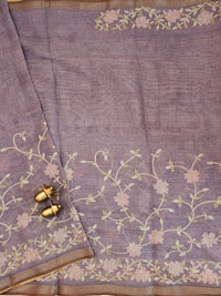 Linen Tissue with Aari Work - Smoky Blue- Lavender