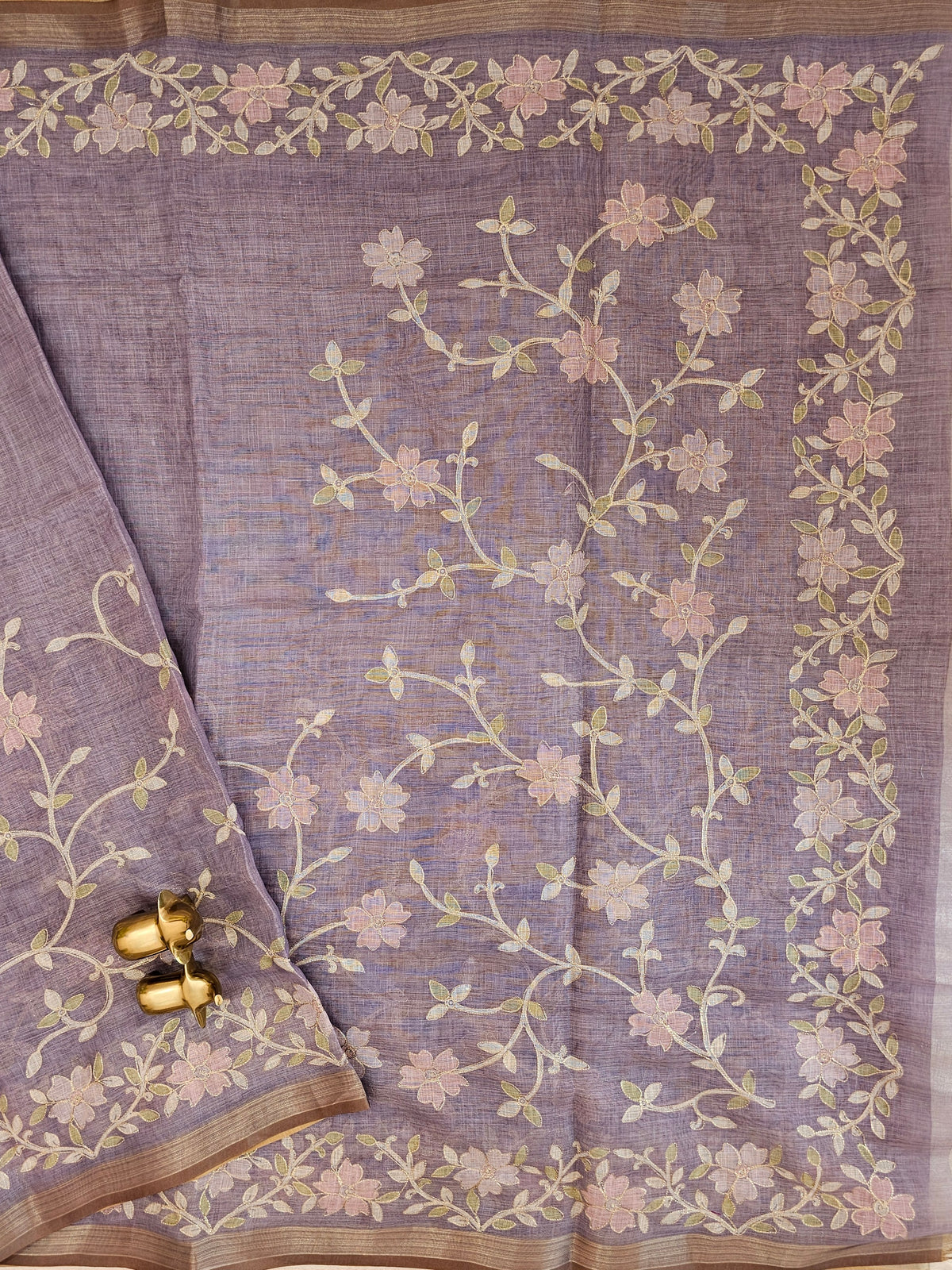 Linen Tissue with Aari Work - Smoky Blue- Lavender