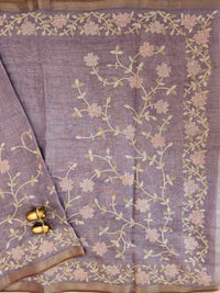Linen Tissue with Aari Work - Smoky Blue- Lavender