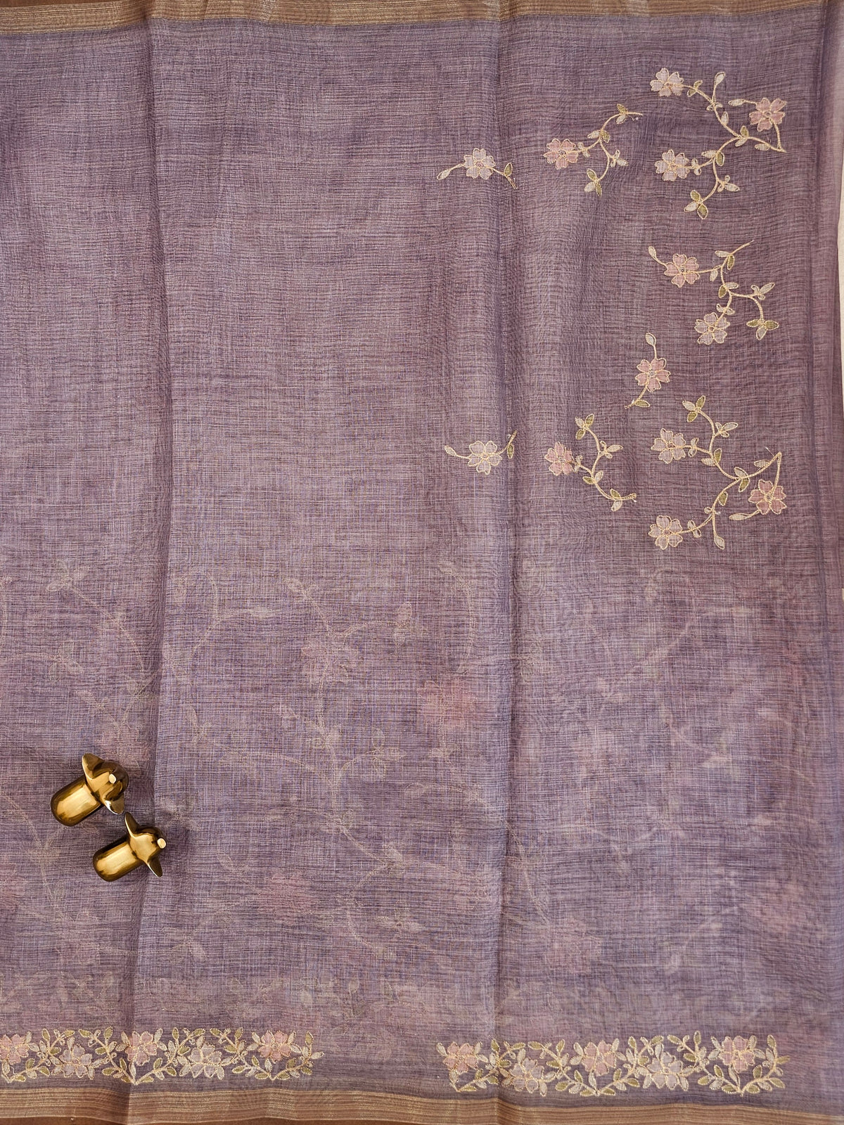 Linen Tissue with Aari Work - Smoky Blue- Lavender