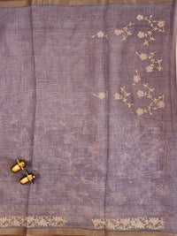 Linen Tissue with Aari Work - Smoky Blue- Lavender
