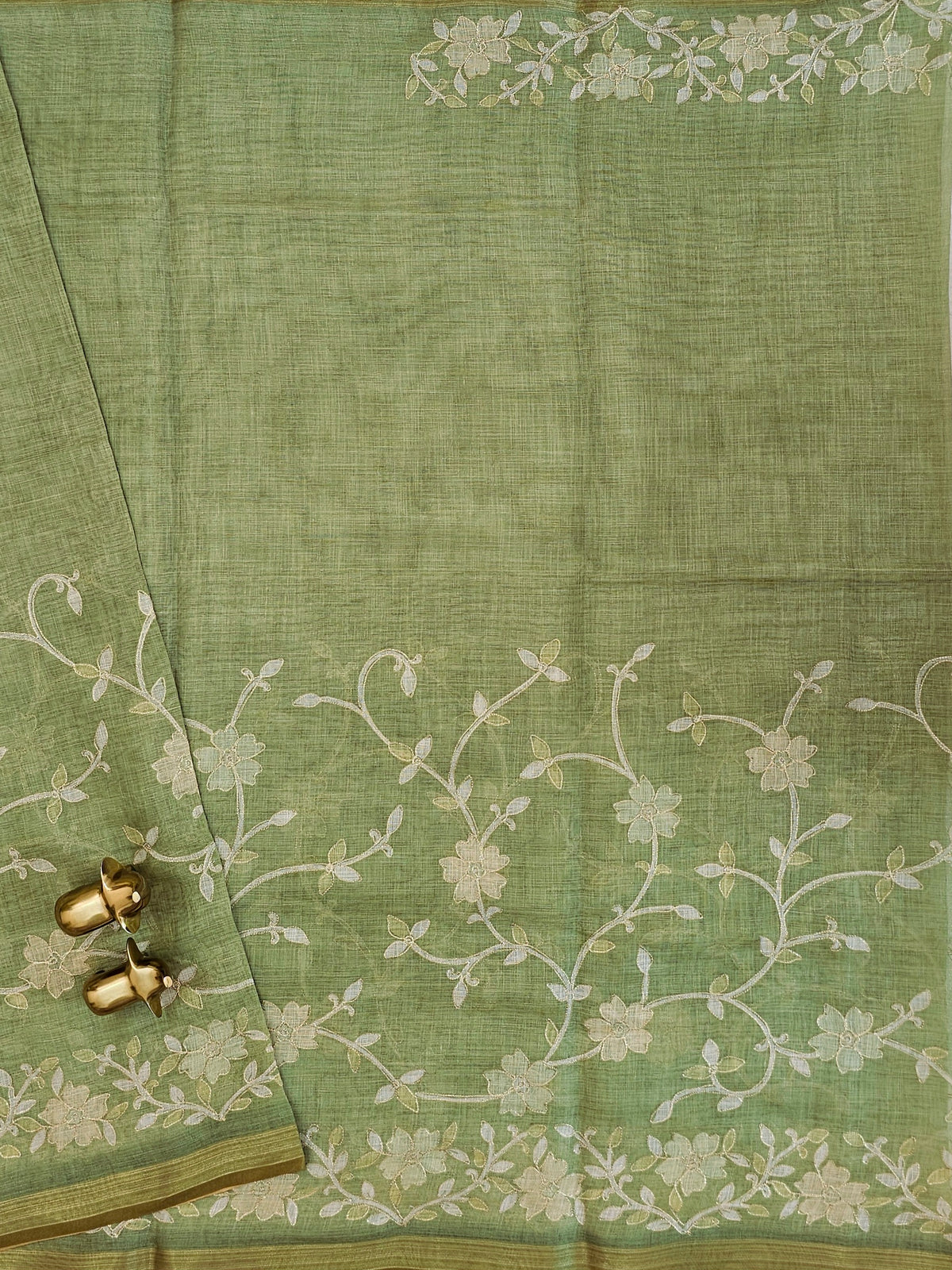 Linen Tissue with Aari Work - Sage Green
