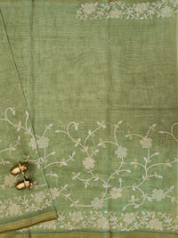 Linen Tissue with Aari Work - Sage Green
