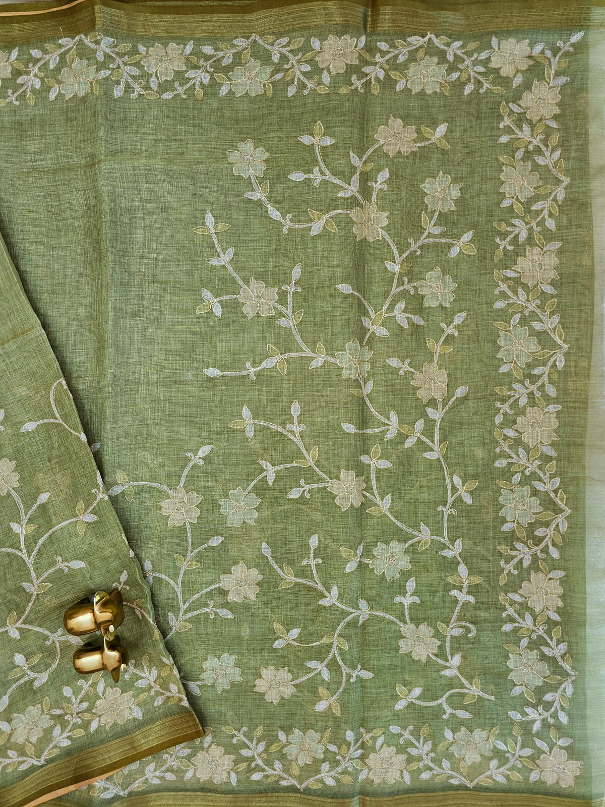 Linen Tissue with Aari Work - Sage Green