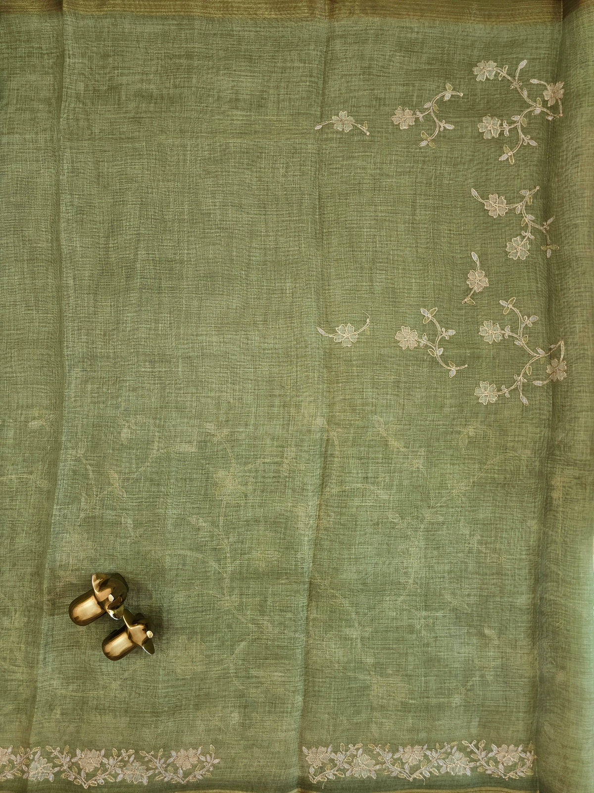 Linen Tissue with Aari Work - Sage Green