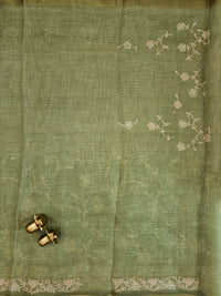 Linen Tissue with Aari Work - Sage Green