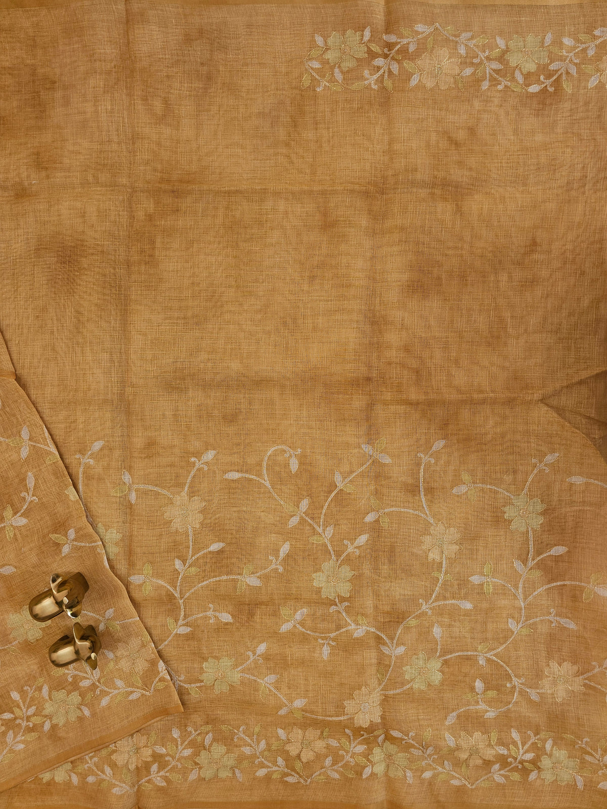 Linen Tissue with Aari Work - Smoky Blue - Musterd Yellow