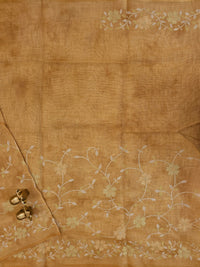 Linen Tissue with Aari Work - Smoky Blue - Musterd Yellow