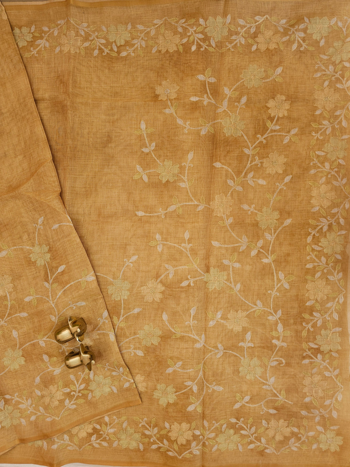 Linen Tissue with Aari Work - Smoky Blue - Musterd Yellow