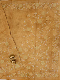 Linen Tissue with Aari Work - Smoky Blue - Musterd Yellow