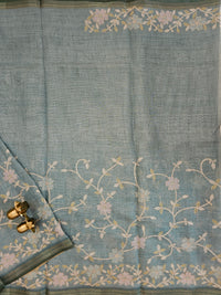 Linen Tissue with Aari Work - Aqua Blue