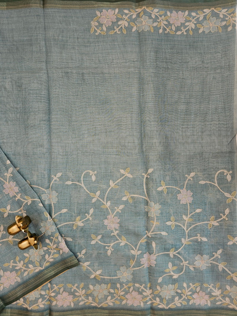 Linen Tissue with Aari Work - Aqua Blue