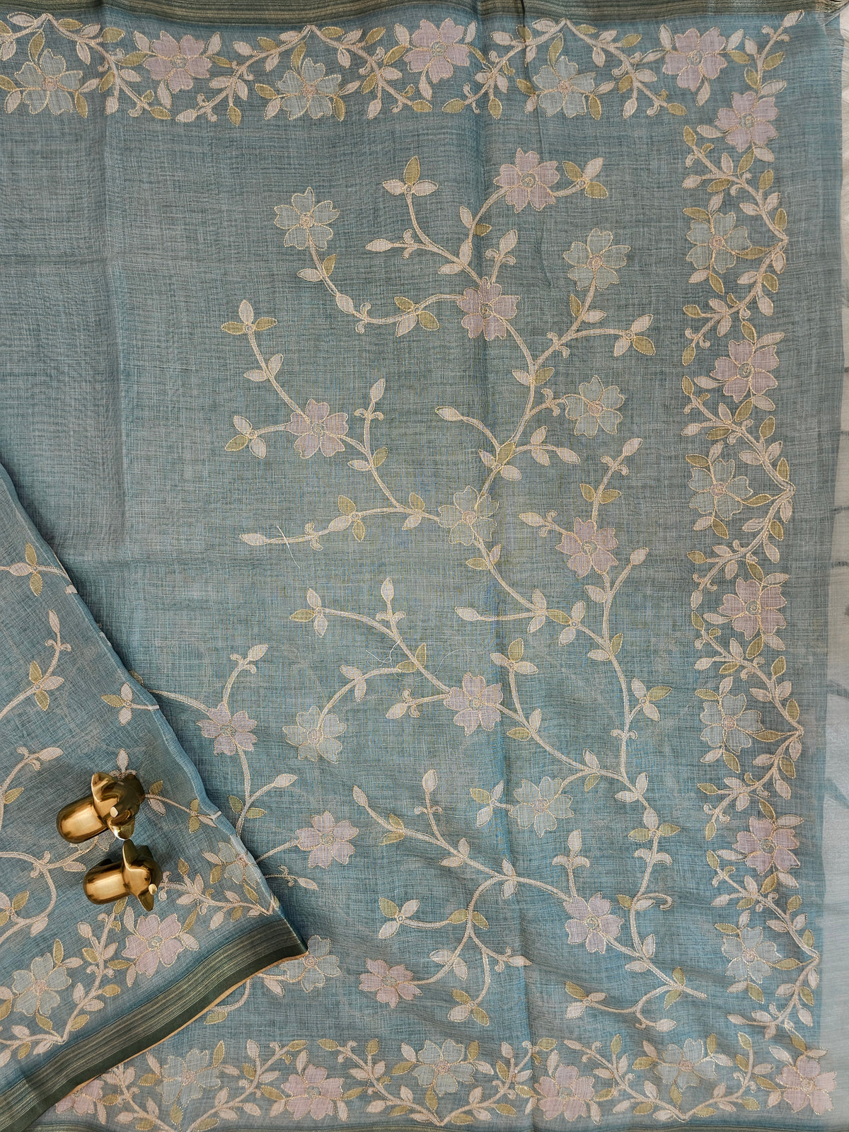 Linen Tissue with Aari Work - Aqua Blue