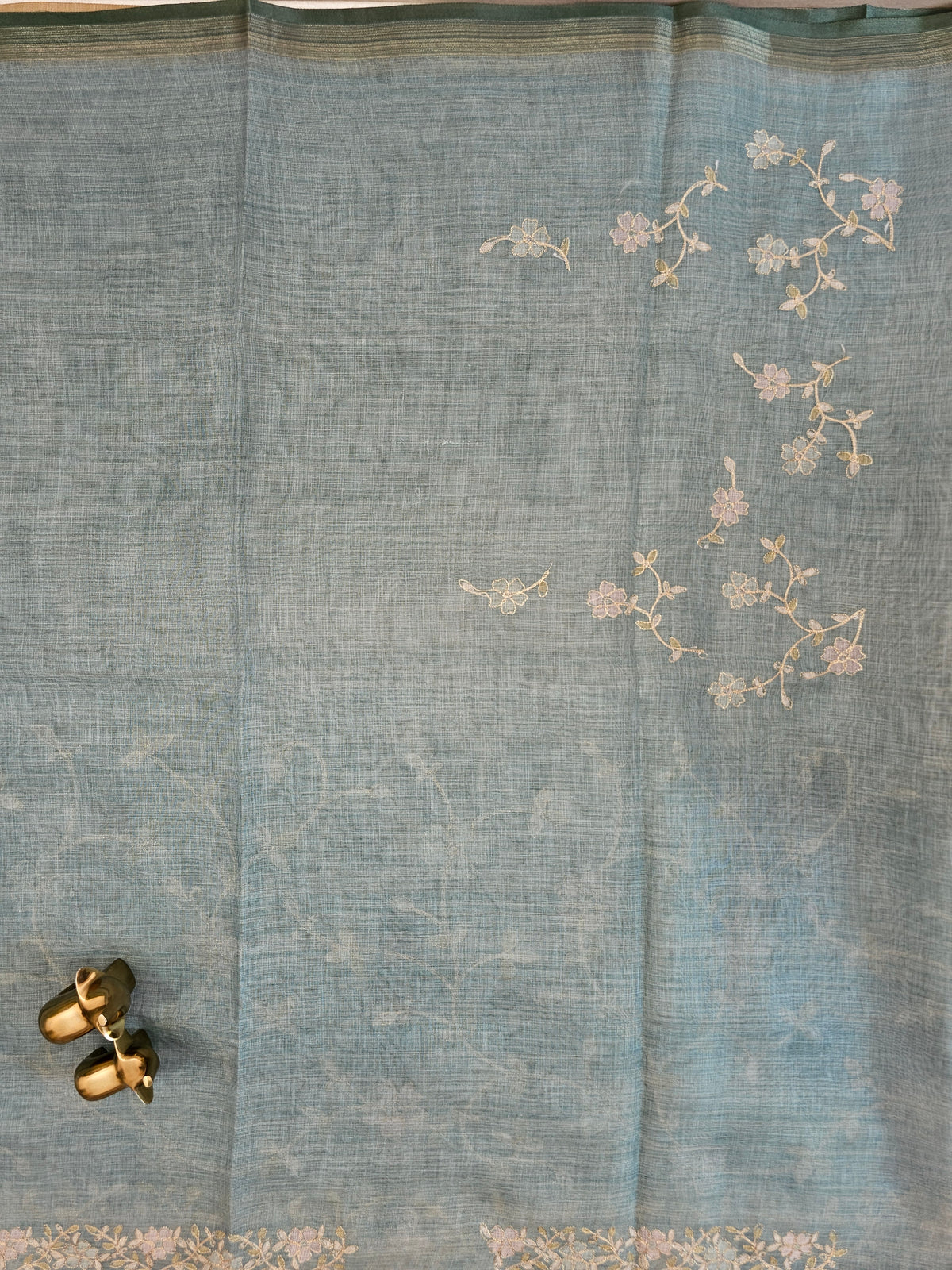 Linen Tissue with Aari Work - Aqua Blue