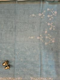 Linen Tissue with Aari Work - Aqua Blue