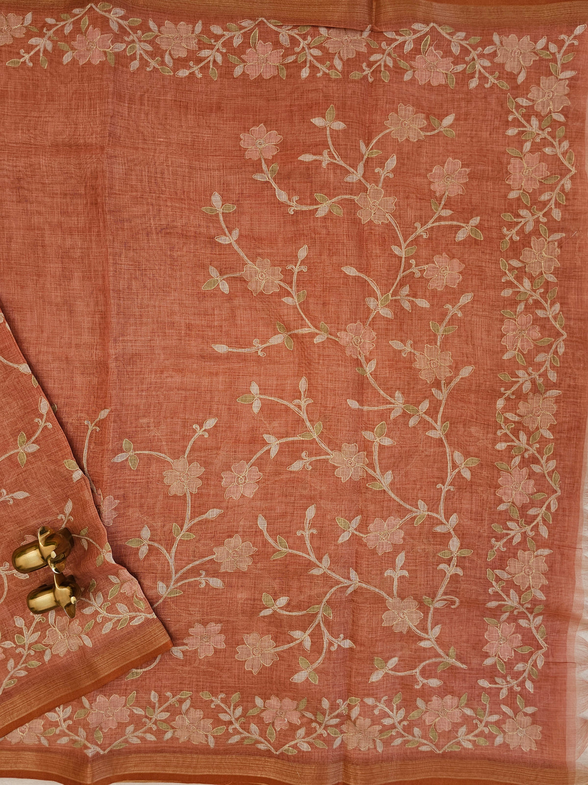 Linen Tissue with Aari Work - Orange