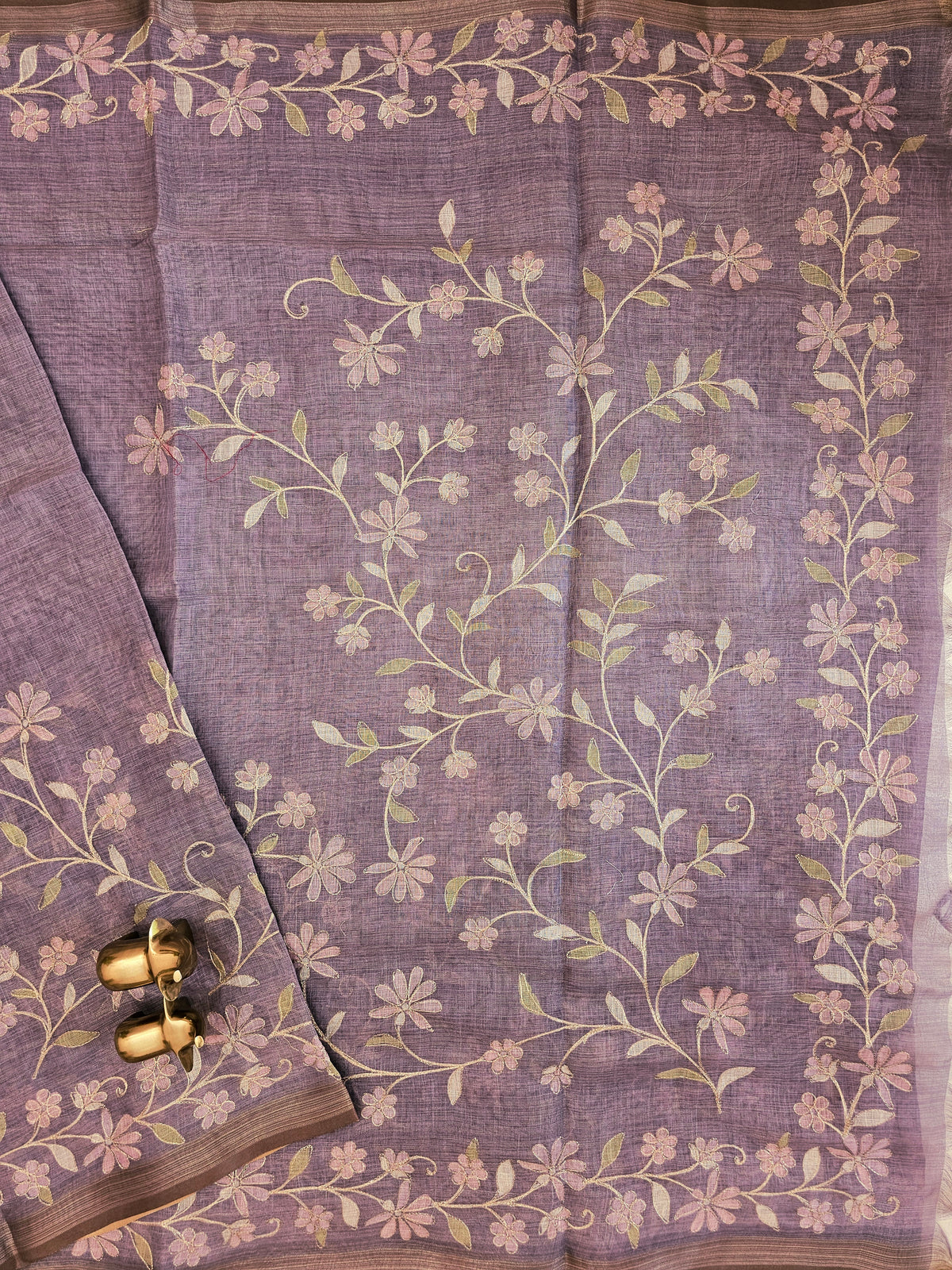 Linen Tissue with Aari Work - Smoky Blue- Lavender