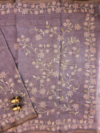 Linen Tissue with Aari Work - Smoky Blue- Lavender