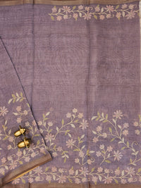 Linen Tissue with Aari Work - Smoky Blue- Lavender