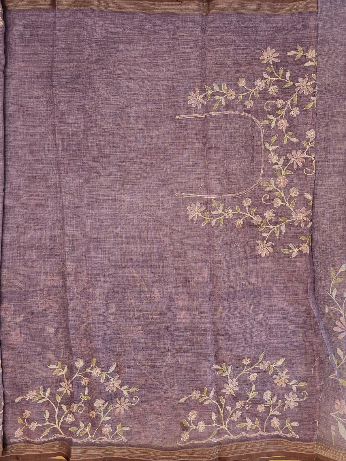 Linen Tissue with Aari Work - Smoky Blue- Lavender