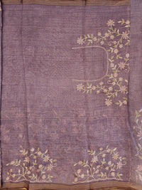 Linen Tissue with Aari Work - Smoky Blue- Lavender