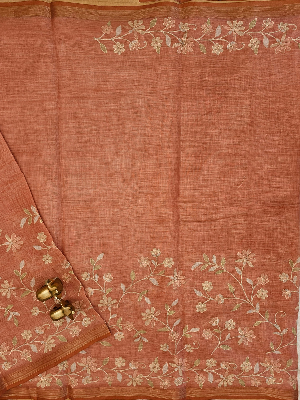 Linen Tissue with Aari Work - Smoky Blue - Rust Orange