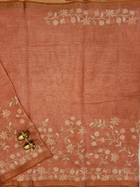 Linen Tissue with Aari Work - Smoky Blue - Rust Orange